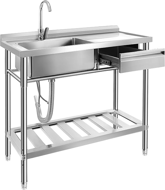 YORKING Utility Sink, Free Standing Single Bowl Kitchen Stainless Steel Sink with Drawer Storage & Cold and Hot Water Pipe for Indoor and Outdoor (39 inch)