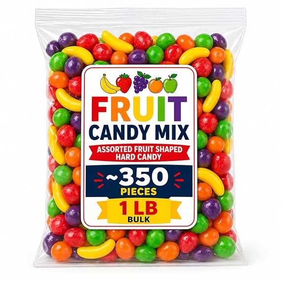 Fruit Shaped Candy Mix, 1 LB Bulk Assorted Hard Candy, Approximately 350 Pieces, Banana Strawberry Orange Apple Grape Flavors