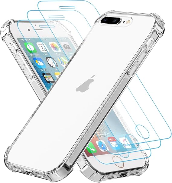 Totill 4 in 1 Case for iPhone 6 Plus and 6S Plus with [3 Pack] Tempered Glass Screen Protectors, Crystal Clear Phone Cover, Scratchproof and Shockproof, Transparent Basic Case