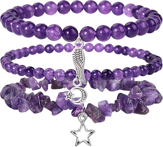 Amethyst Crystal Stone Bracelets, 3Pcs Natural Healing Gemstone Elastic Beads Chain Jewelry with Alloy Pendant, Purple Handmade Good Luck for Girls Women