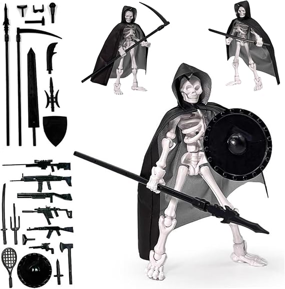 Multi-Jointed Movable Skeleton Action Figure with Hooded Cape & Weapons, Collectible Desktop Decor for Enthusiasts