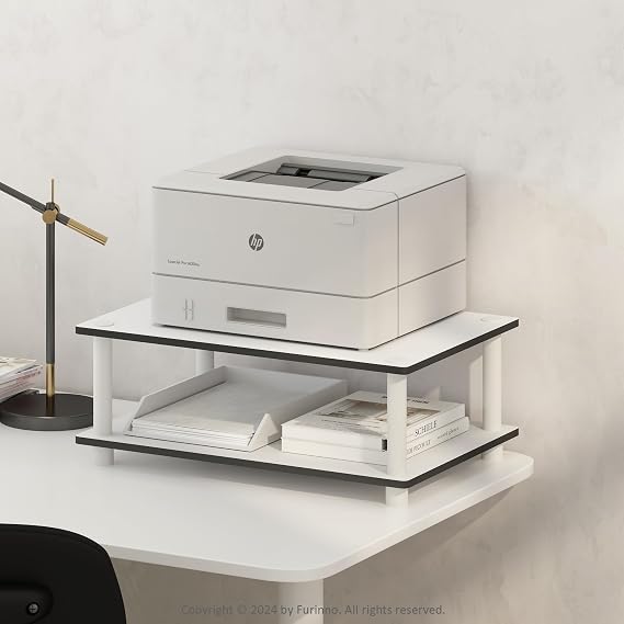 Furinno JUST 2-Tier Under Desk Printer Stand with Storage, Printer Table, Toolless Assembly, for CPU, Work Supplies, Home Office, White