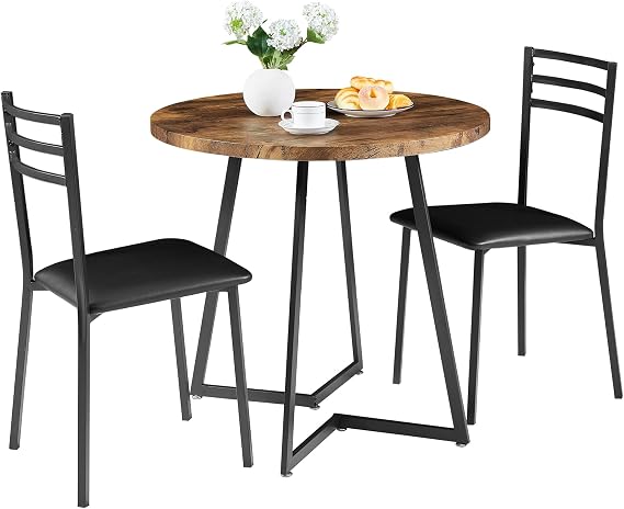 VECELO Small Round Kitchen Table with 2 Upholstered Chairs, 3-Piece Wood Dinette Sets with Steel Frame for Breakfast Nook, Dining Room, and Small Space, Brown