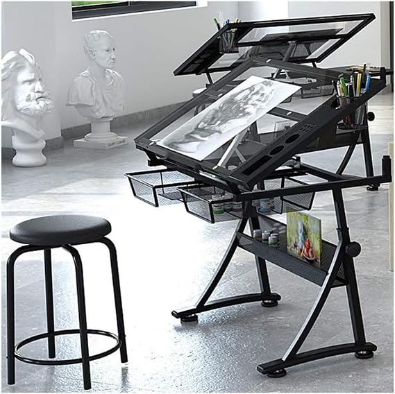 Drawing Table, Adjustable Height Drafting Table, Tempered Glass, Desktop Durable, Stable Structure, Includes Drawers and Stool, Multi-Functional Storage, Space Saving, Easy Installation, For