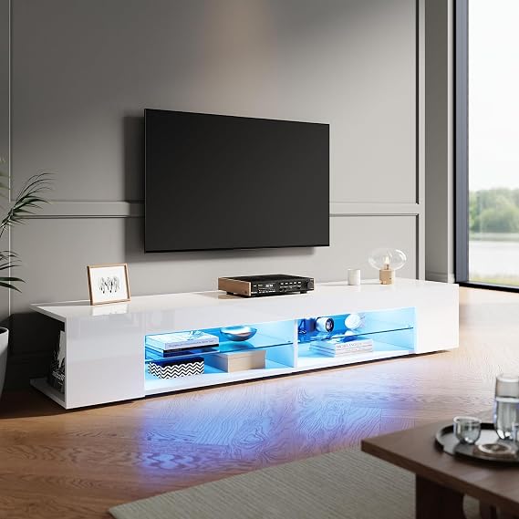 TV Stand Cabinet Unit with 16 RGB LED Lights, High Gloss White TV Stand with Glass Shelves & 2 Storage Compartments, 1800 x 390 x 300mm