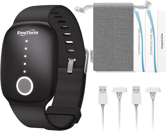 EmeTerm Fashion Jet Black Anti-Nausea Wristband Bundle with 2 Charging Cables and 2 Conductive Gels