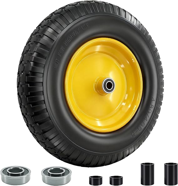 4.80/4.00-8 Tire and Wheel,16Solid Tires,Excellent quality and High performance,Wheelbarrow Wheel with 3-7Centered Hub,5/8"&3/4" Bearing,Fit for Wheelbarrow/Wagon/Trolley/Garden Cart