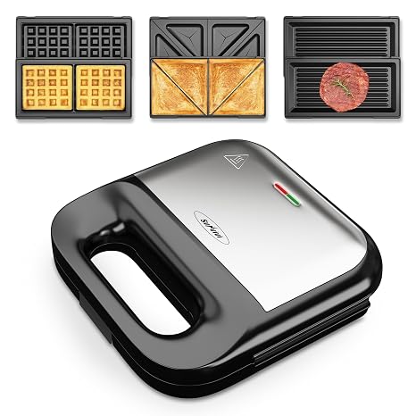 Waffle Iron, Panini Press Grill and Sandwich Maker Set, 3 in 1 Electric Sandwich Press with Removable Non-Stick Plates, Indicator Lights & Cool Touch Handle 750W