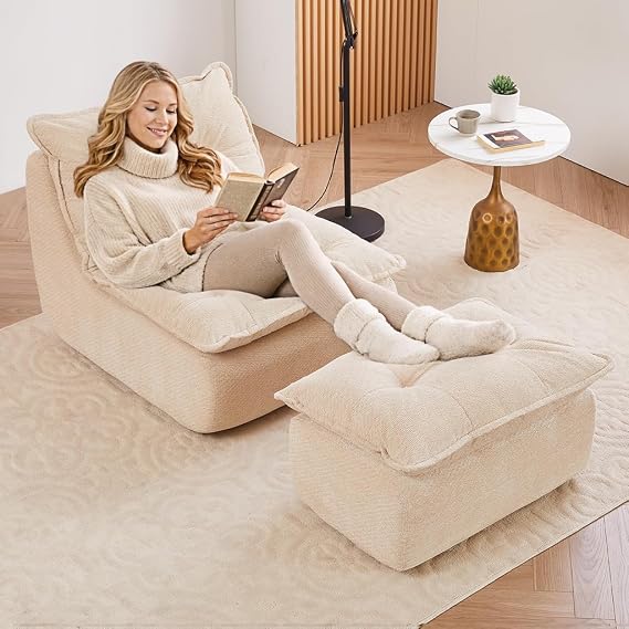 Single Chaise Lounge Chair, 62.2" Lazy Sofa Bean Bag Chair with Ottoman – Modern Boneless Floor Lounger for Bedroom or Living Room, Cozy Cloud Sleeper (Beige)