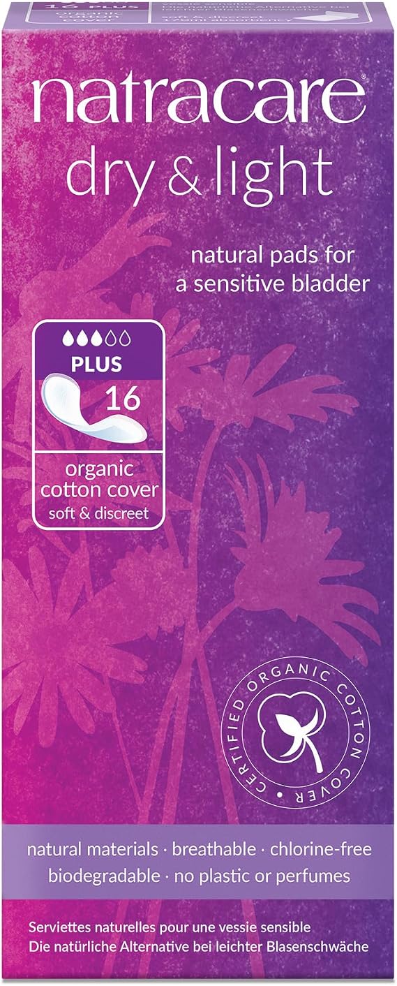 Natracare Dry & Light, Plus, Natural and Absorbent Pads with Organic Cotton Cover for Light Urinary Incontinence (1 Pack, 16 Pads Total)