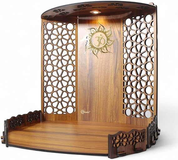 Chants Bappa Beautiful Wooden Wooden Pooja Mandir for Home or Puja Temple Stand for Office and Shops with Led spot Light for Table top only