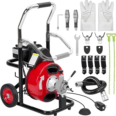 GAOMON Drain Cleaner Machine 100FT x 38 Inch Electric Drain Auger Sewer Auger Fits 1 to 4 Inch Pipes with 4 Cutter, Air-Activated Foot Switch, Gloves K-300ZF