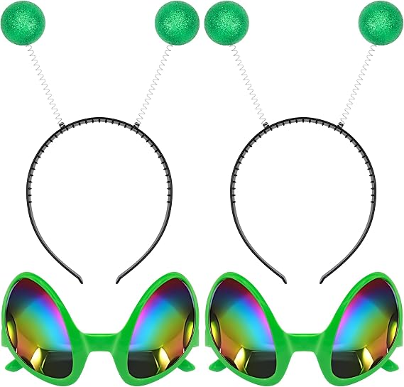Cheerin Green Alien Headbands and Glasses Martian Antenna Headbands Glitter Ball Head Boppers Space Theme Costume Accessories (2 Pack)