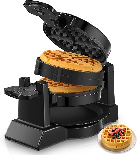 1400W Waffle Maker, Double Belgian Waffle Maker 180Flip, Waffle Iron 8 Slices, Rotating & Nonstick Plates, Removable Drip Tray for Easy Clean, Locking Buckle & Cool Touch Handle, Black