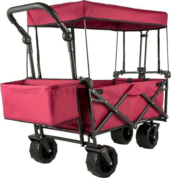 VEVOR Foldable Wagon with Removable Canopy 220lb Heavy Duty Foldable Beach Wagon with Big Wheels Foldable Outdoor Utility Wagon Garden Cart with Adjustable Push Pull Handle
