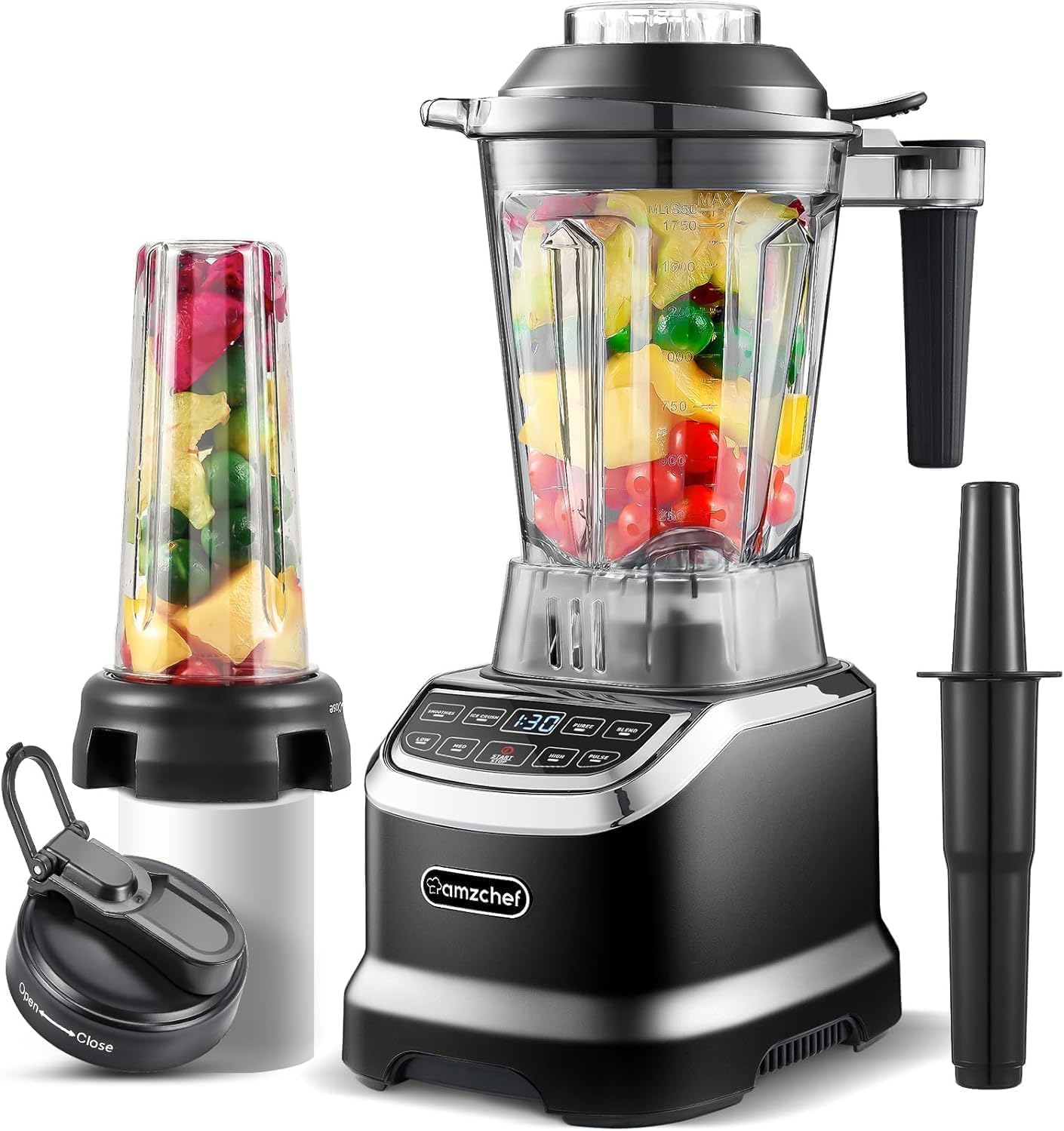 AMZCHEF Blender Smoothie Maker - 2000 W Blender - Mixer High Performance Mixer with LED Time Display - 6 Pro Sharp 3D Blades - 22000 rpm Stand Mixer - 1.85 Litre Bottle and 600 ml Portable Bottle [Energy Class A   ]