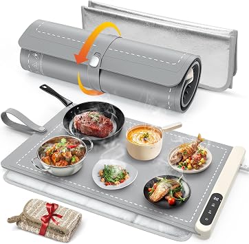FYY Warming Mat for Food with Heat Resistant Pad, Prevent Countertop Cracks, Keep Meal Warm, Rapid  Surface Heating, 6 Temp Settings, 6H Timer, Upgraded Rollable Portable Food Warmer Mat Grey