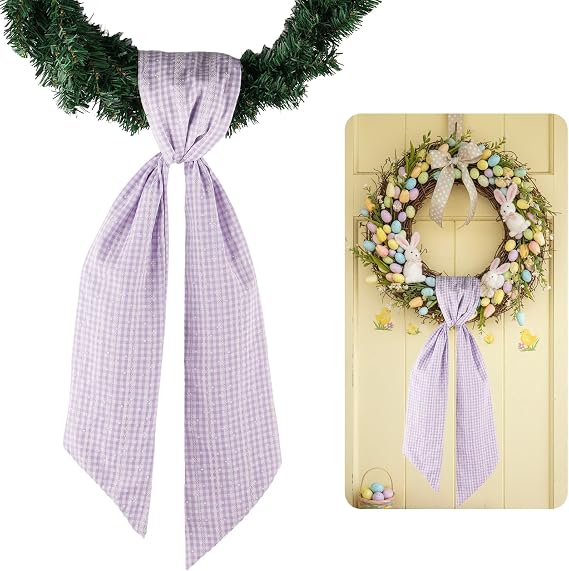 Purple White Jacquard Plaid Wreath Sash Front Door Decoration, 5.12" x 54.33" Blank Sash Spring Easter Girls Birthday Wedding Holiday Party Bow Ribbon Farmhouse Home Decor