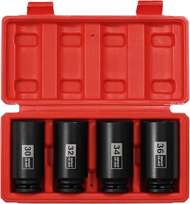 EMENTOL 4PCS 12 Drive Deep Impact Socket Set, CR-MO, 12 Point, Metric, Deep Spindle Axle Nut Impact Socket Set-30mm, 32mm, 34mm, 36mm