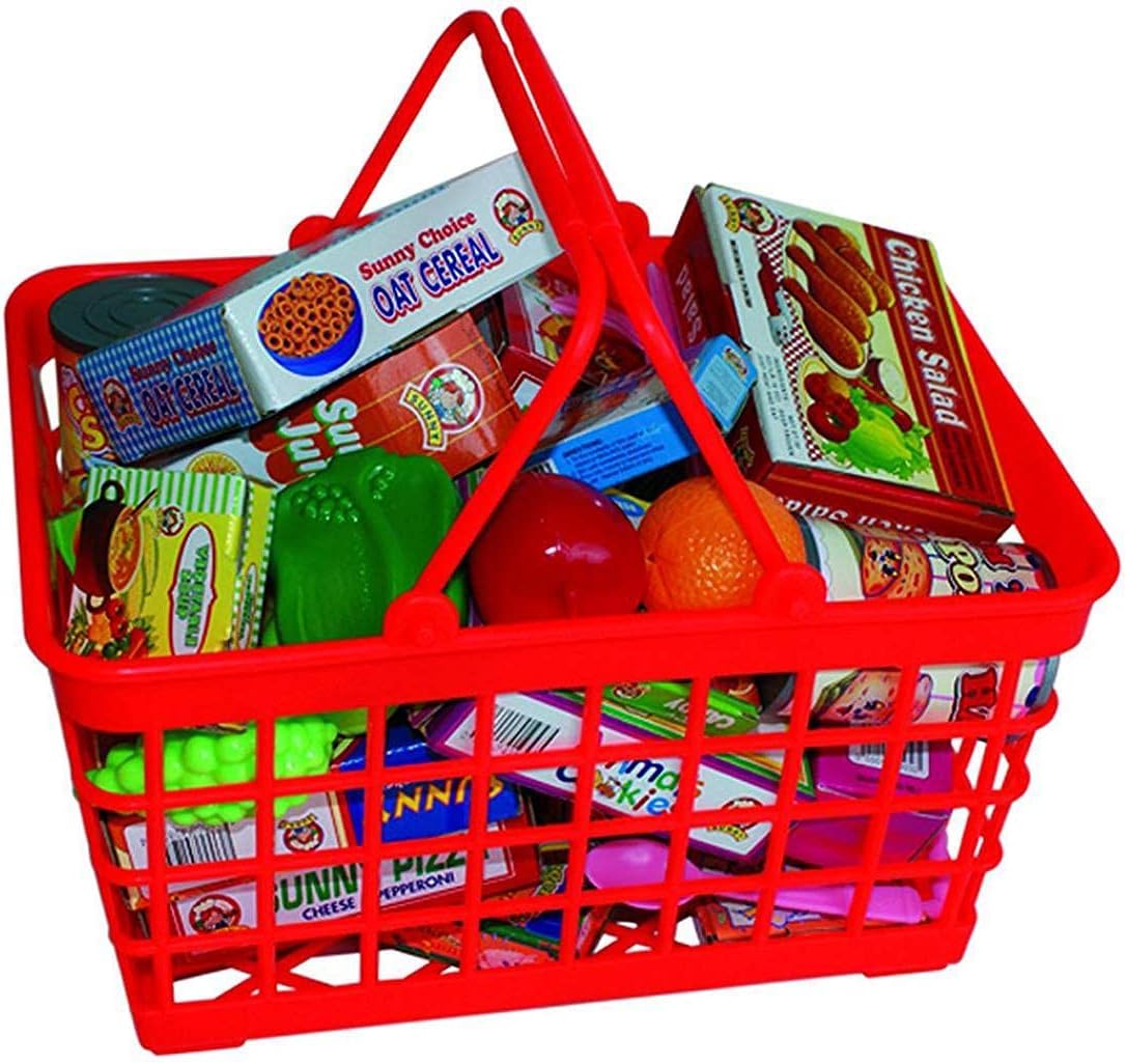 PETERKIN | Grocery Basket Playset Toy | 25cm plastic grocery basket with over 40 assorted accessories including boxes, plastic foods and cutlery | Roleplay Toys | Ages 3