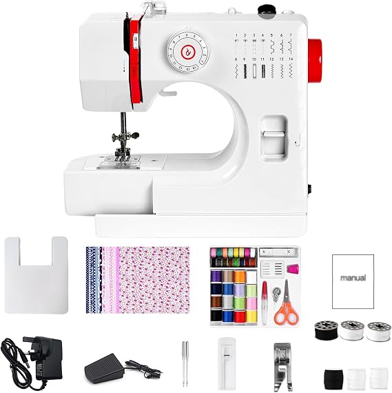 Sewing Machine, 728 14-Stitch Electric Mini Sewing Machine with Extension Table, Sewing Thread & Cotton Fabric Set, Portable Lightweight Sewing Kit, Suitable for Home Diy, Crafts, Beginners
