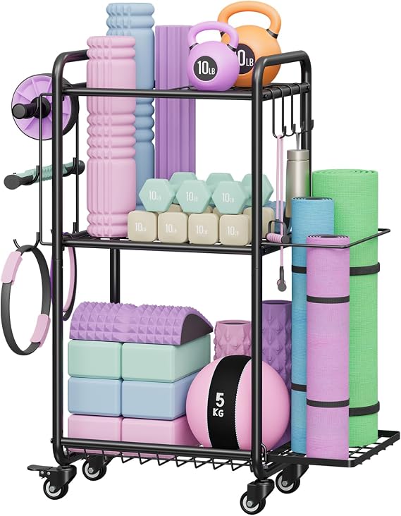 Multi-Functional Home Gym Storage Rack with Wheels and Hooks