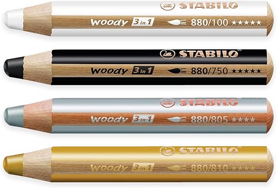 STABILO Multi-talented Pencil woody 3-in-1 - Pack of 4 - Black, White, Gold & Silver