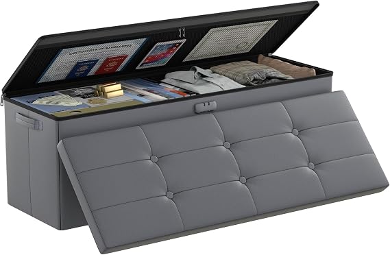 DocSafe Storage Ottoman Bench, Fireproof&Waterproof Folding Bench with Lock(15x 43x15), Leather Storage Chest with Handles&2 Extra Boxes, Ottoman Safe for Bedroom,Living Room,Home Office, Gray