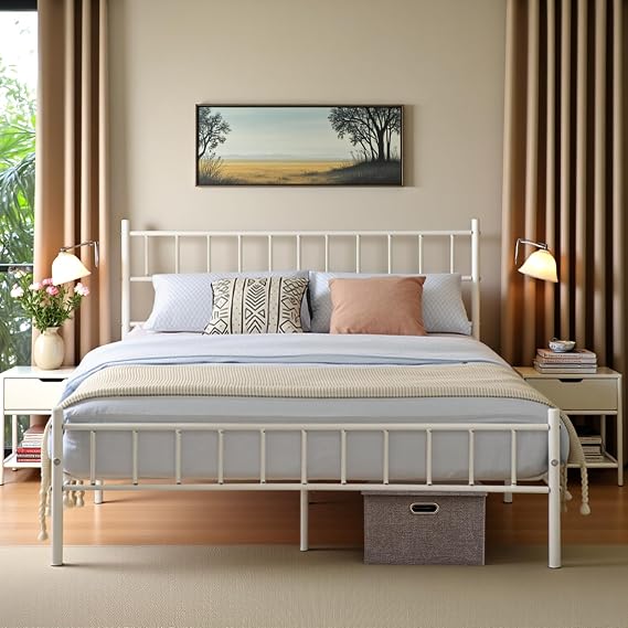 buybyroom Small Double Bed Frame Solid Bedstead Base with Headboard for Adults Children,Fit for 120 x 190 cm Mattress,White