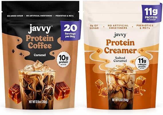 Javvy Protein Coffee & Creamer Bundle Caramel Iced Coffee with Salted Caramel Collagen Creamer