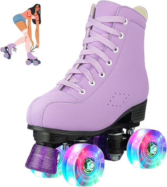 Girls Roller Skates for Women, Microfiber Leather and Flash Wheels Purple Roller Skates Girls Ages 6-12 for Beginner Indoor Outdoor