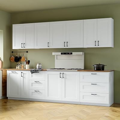 Large White Modern Kitchen Pantry Storage Cabinet with Wall Cupboard Set, Kitchen Wall Pantry Cupboard with Tilt-Out Trash Can Cabinet, Storage Shelves and DrawersCountertop Not Included