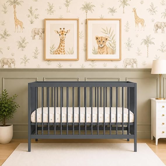 Mokee Mini Cot Bed Space Saving Cot - Wooden Crib with Adjustable Height - Converts to Toddler Bed - Scandinavian Design (Stone Blue)