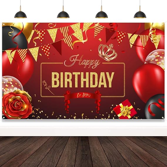 Happy Birthday Backdrop Banner Large Red Rose Black and Gold Balloons Sign Poster for Women Birthday Anniversary Party Decorations Photo Booth Background for Celebration Birthday Party Supplies