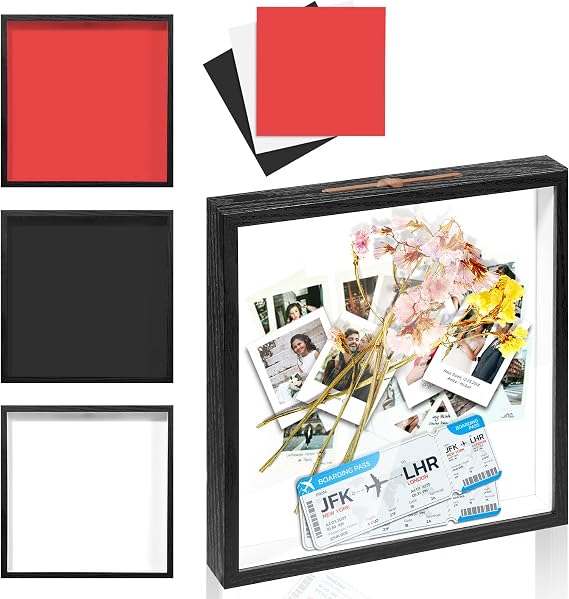 Travel Adventure Archive Shadow Box for Memories - 12x12 Inch Shadow Box Frame with Slots Travel Memory Keepsake Display Case for Tickets, Stubs & Postcards, Museum, Display Case Travel Frame,Black