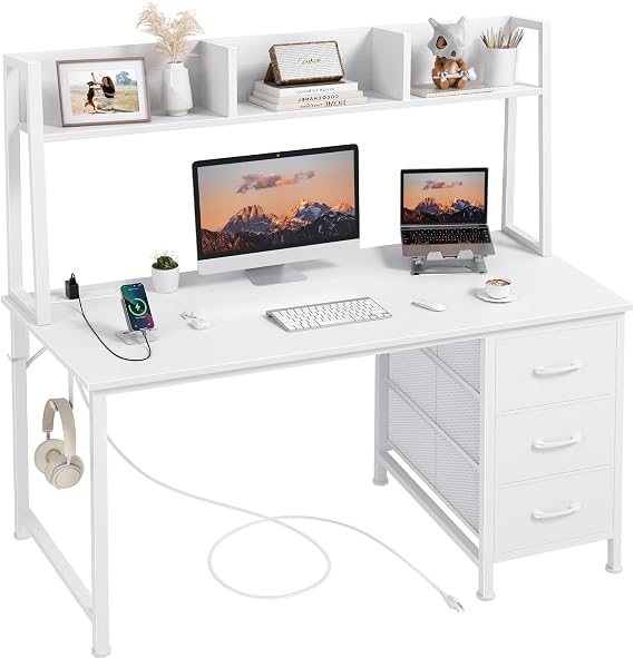 DLisiting White Computer Desk with Hutch & Drawers - 47 Inch Modern Study Writing Office Desk with 3 Storage Drawers and Power Outlets for Bedroom Home Office