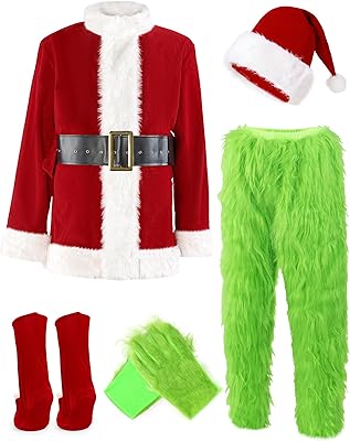 ADOMI Christmas Costume for Men Green Furry Monster 8PCS Deluxe Adult Santa Suit Xmas Outfit Set Halloween Holiday