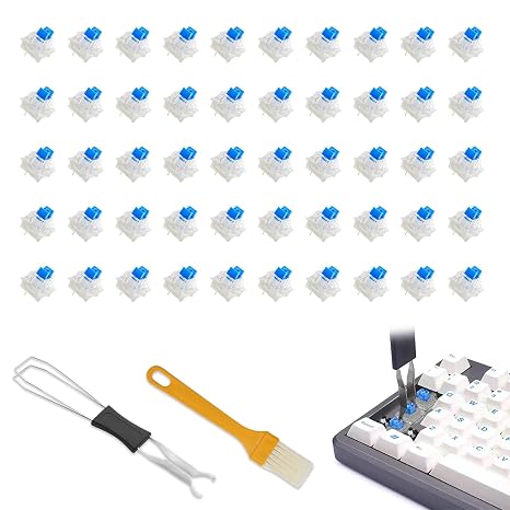 50 PCS Mechanical Keyboard Switches, Blue Switch with Key Puller and Cleaning Brush 3-Pin Tactile Keyboard Switch Replacement, Clicky, Tactile, LED Backlighting, Waterproof, 50M Keystrokes, Gaming