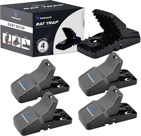 Large Rat Traps - 4-Pack Reusable Snap Traps for Rats, Mice & Squirrels Heavy-Duty Indoor & Outdoor Rodent Control, Touch-Free, High-Sensitivity Trap System
