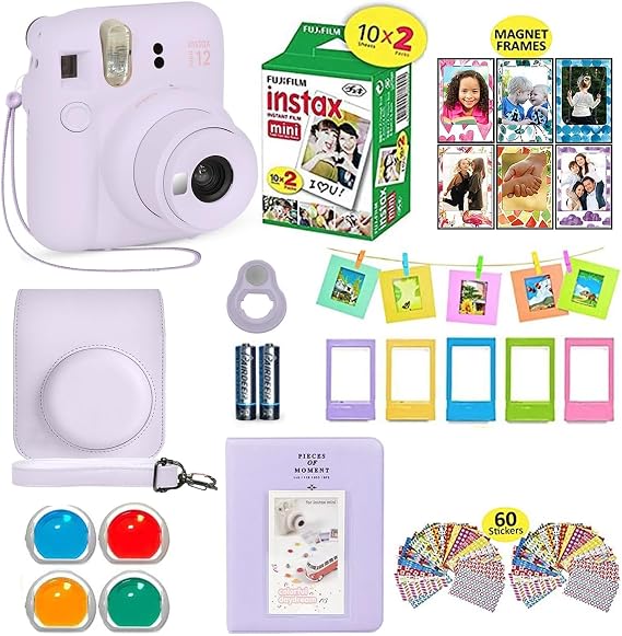 Fujifilm Instax Mini 12 Instant Camera Lilac Purple + Shutter Compatible Carrying Case + Fuji Film Value Pack (20 Sheets) + Shutter Accessories Bundle, Color Filters, Photo Album, Assorted Frames.