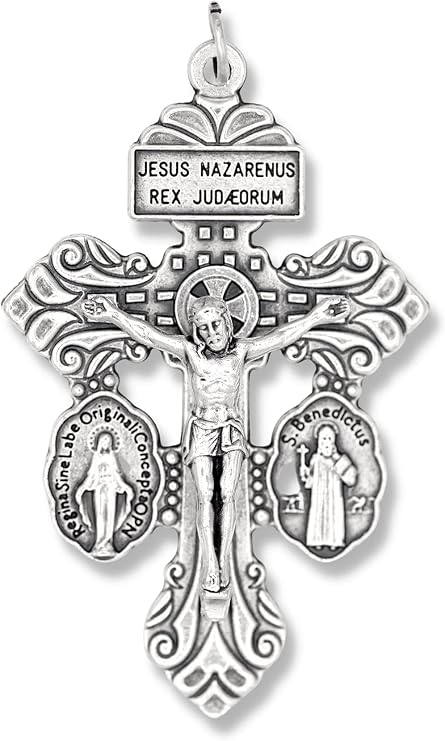 Pardon Indulgence Crucifix with St Benedict Medal and Miraculous Medal Triple Threat Crucifix Cross for Rosary Making - 2 1/8 Inch Silver Oxidized Italian Crucifix Catholic Rosary Making Supplies