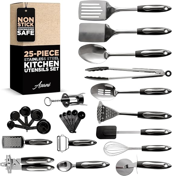 25-Piece Stainless Steel Kitchen Utensil Set Non-Stick Cooking Gadgets and Tools Kit Durable Dishwasher-Safe Cookware Set Kitchenware Gift Idea, Best New Apartment Essentials