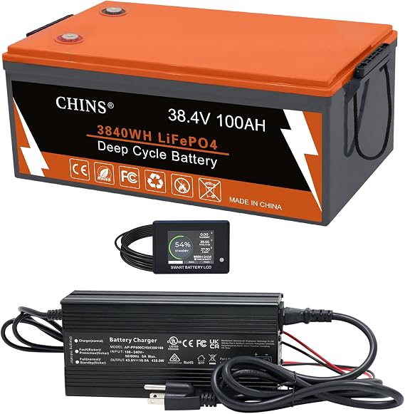 CHINS 36V Lithium Golf Cart Battery, 36 Volt 100Ah LiFePO4 Battery, Built-in Bluetooth 200A BMS, Includes 36V 10A Lithium Battery Charger, Perfect for Golf Carts, Trolling Motors, Marine