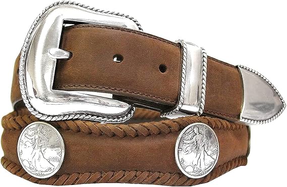 Western Walking Liberty/Gold Cross/Berry Conchos Crazy Horse Scalloped Genuine Leather Belt 1-1/2"(38mm) Wide