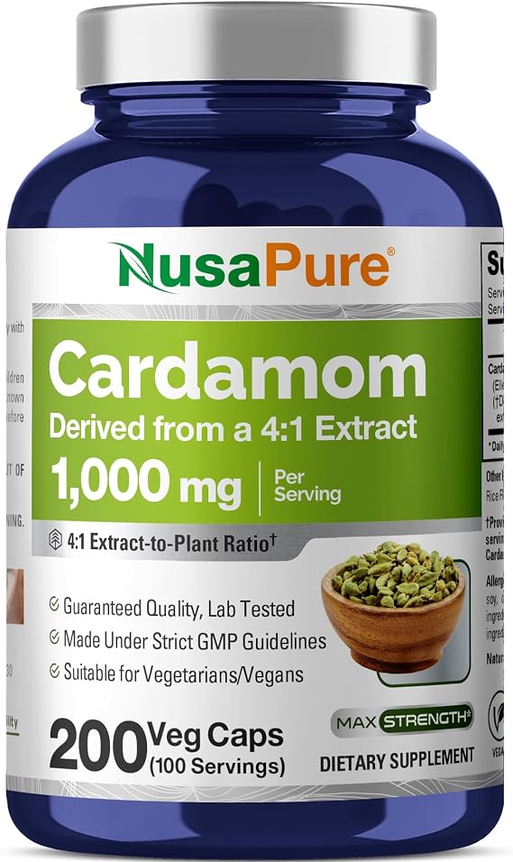 NusaPure Cardamom, Non-GMO, Vegan, 1000mg, 200 Veg Capsules - 100 Servings | Herbal Formula, Elettaria cardamomum Seed 4:1 Extract, Suitable for Adults, Manufactured in cGMP Registered Facility USA