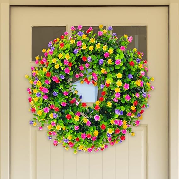 Spring Wreath for Front Door,45cm Farmhouse Colorful Cottage Wreath,Green Eucalyptus Wreath with Flowers,Summer Wreath,Outdoor Green Door Wreath,Spring Summer Decoration Indoor (colorful)