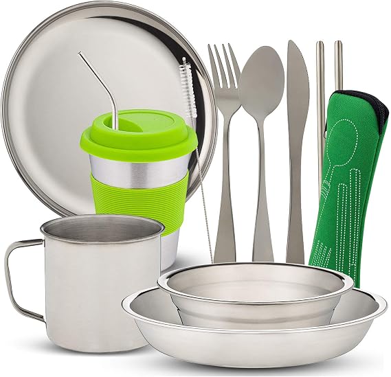 10-Piece Camping Dish Set - Stainless Steel Camp Mess Kit with Mesh Bag for Camping, Backpacking, Hiking - Complete Camping Dinnerware Set with Cup, Plate, Bowl, and Cutlery (with Zipper Cutlery Bag)