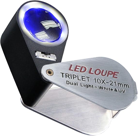 Gain Express Jewelers Loupe Magnifier, Jewelry Loop Magnifier with Light, Hastings Triplet Loupe 10X for Coin, Gem, Stamp, Diamond etc (White LED & UV Light)