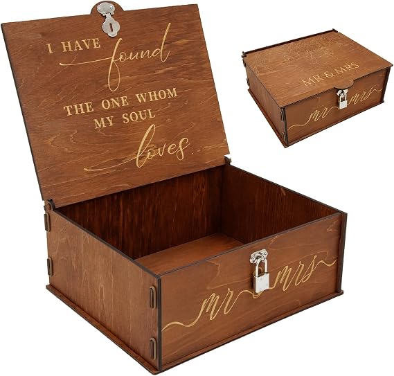 Mr and Mrs Wedding Keepsake Box Large Wooden Storage Box with Lid and Lock
