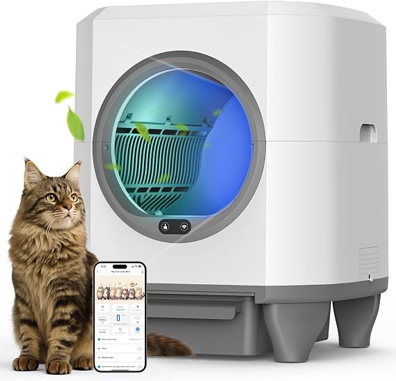 OROLEY Self Cleaning Litter Box, Large Capacity Automatic Cat Litter Box with APP Control, Safety Sensors, Built-in Deodorizing Scent Box, and 1 Roll Garbage Bags ,White